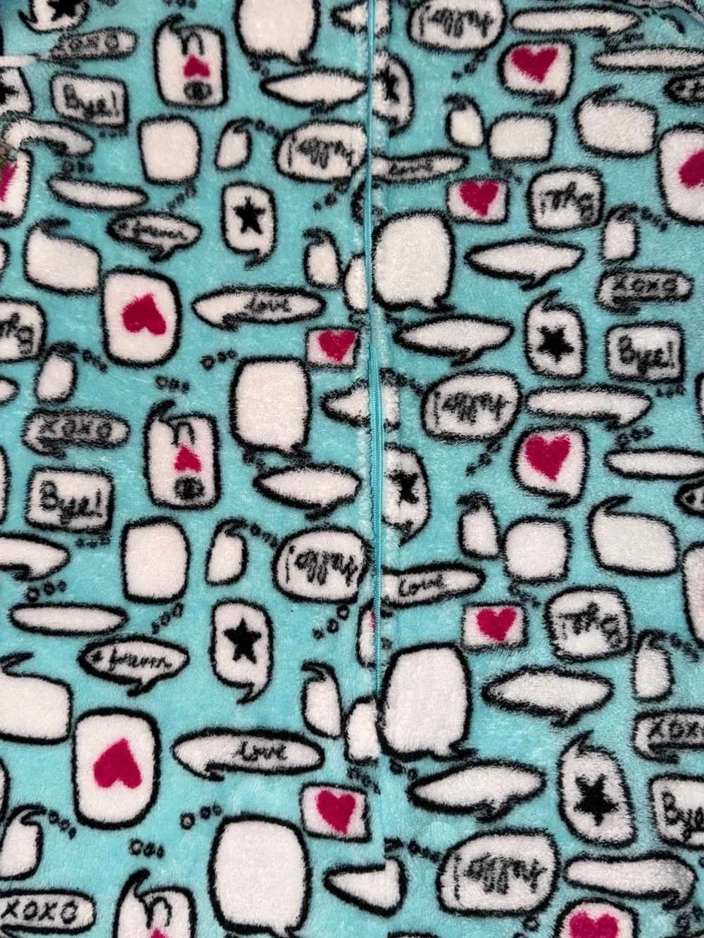 total girl Teal Fleece One-Piece Pajamas with Hearts and Speech Bubbles